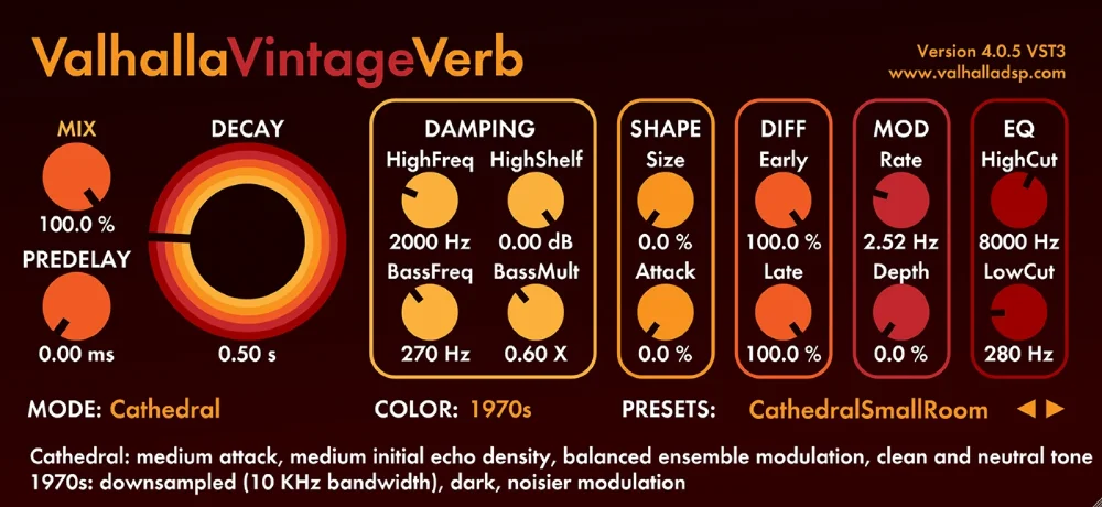 Valhalla VintageVerb interface with vintage reverb algorithms