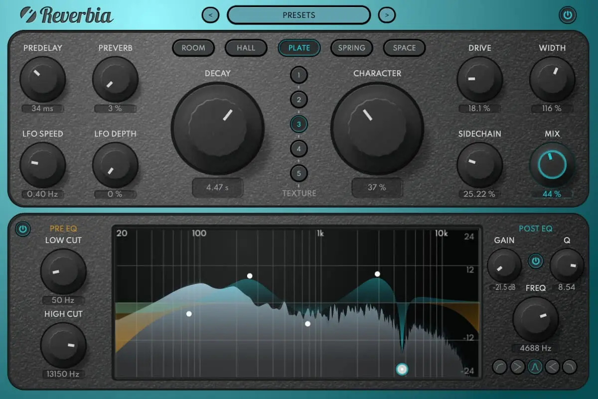 Reverbia Professional Reverb Plugin Interface - 5 Reverb Types with CHARACTER Control
